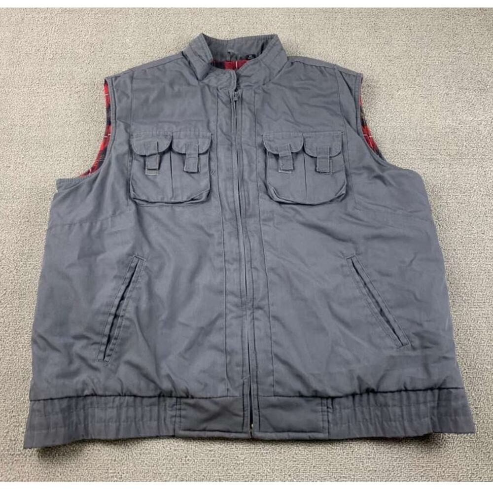 Vintage Expeditions Vest Men L Gray Zip Front Multi Utility Pockets Plaid Lining